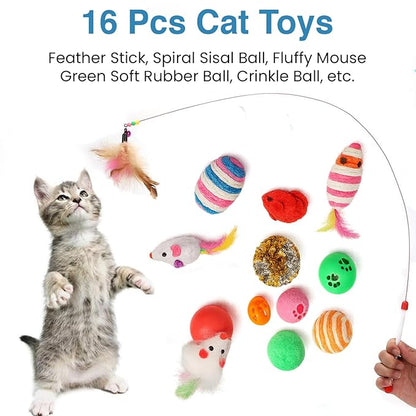 Pet Perfect 16 Pcs Cat Toy Set | Interactive Cat Play Kit with Bell Balls, Plush Mice, Teasing Wand, Knitted Balls & More | Indoor Kitten Toy for Active Play and Exercise