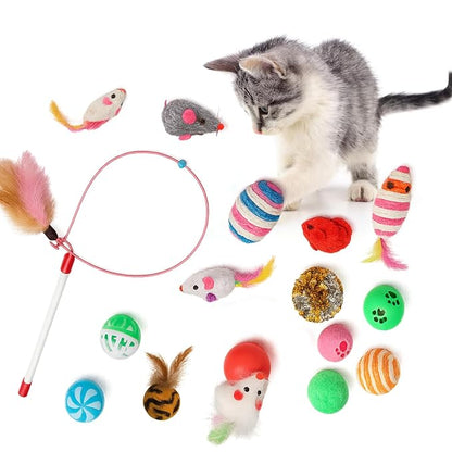 Pet Perfect 16 Pcs Cat Toy Set | Interactive Cat Play Kit with Bell Balls, Plush Mice, Teasing Wand, Knitted Balls & More | Indoor Kitten Toy for Active Play and Exercise