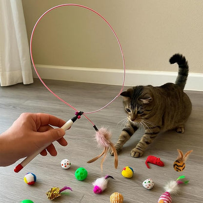 Pet Perfect 16 Pcs Cat Toy Set | Interactive Cat Play Kit with Bell Balls, Plush Mice, Teasing Wand, Knitted Balls & More | Indoor Kitten Toy for Active Play and Exercise